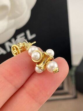 Authentic Chanel Gold CC White Pearl Cross Drop Earrings
